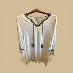 Chico’s Cream Tunic with Teal Trim and Tassels Long Sleeve Bohemian Casual Top